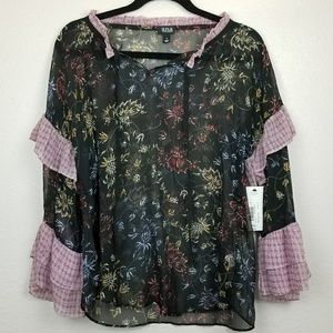 A.N.A sheer flowered ruffle long sleeve blouse s